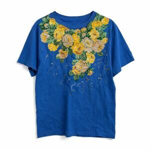 Cobalt Blue Art To Wear hand crafted blue Grannycore tee yellow glitter florals
